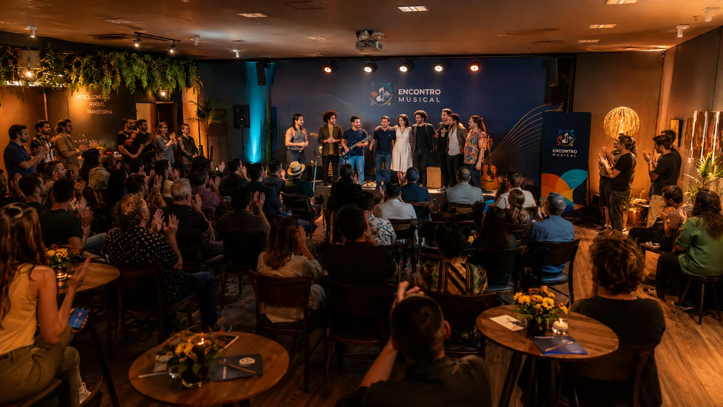 Imagem conceitual de artistas reunidos no palco e aplaudidos pelo público do Encontro Musical
